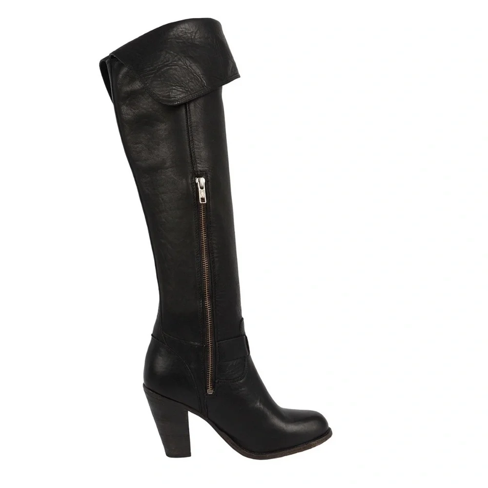 Frye Jenny Belted Over the Knee Black Leather Buckle Boots